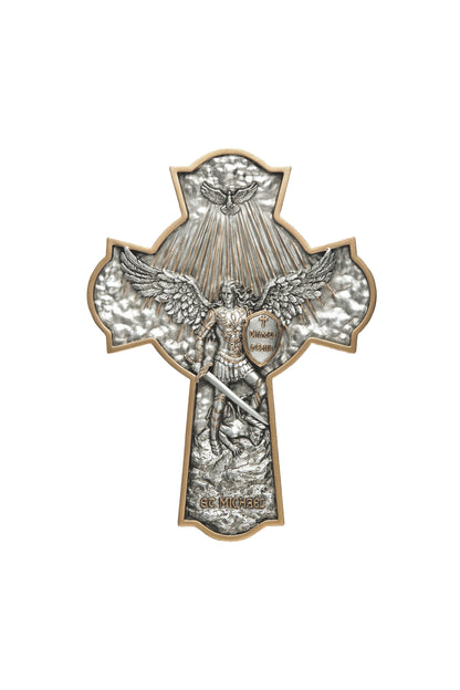 SR-78568-PE St. Michael Crucifixion Plaque in Pewter Style 10"