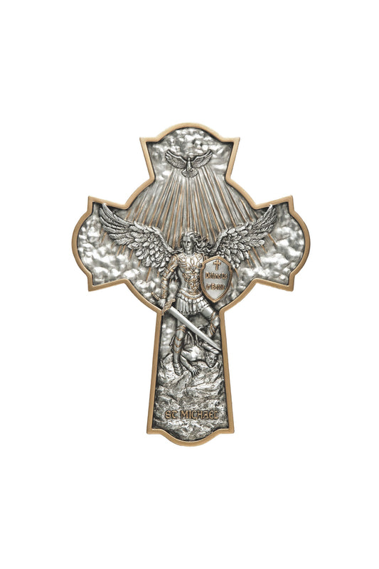 SR-78568-PE St. Michael Crucifixion Plaque in Pewter Style 10"