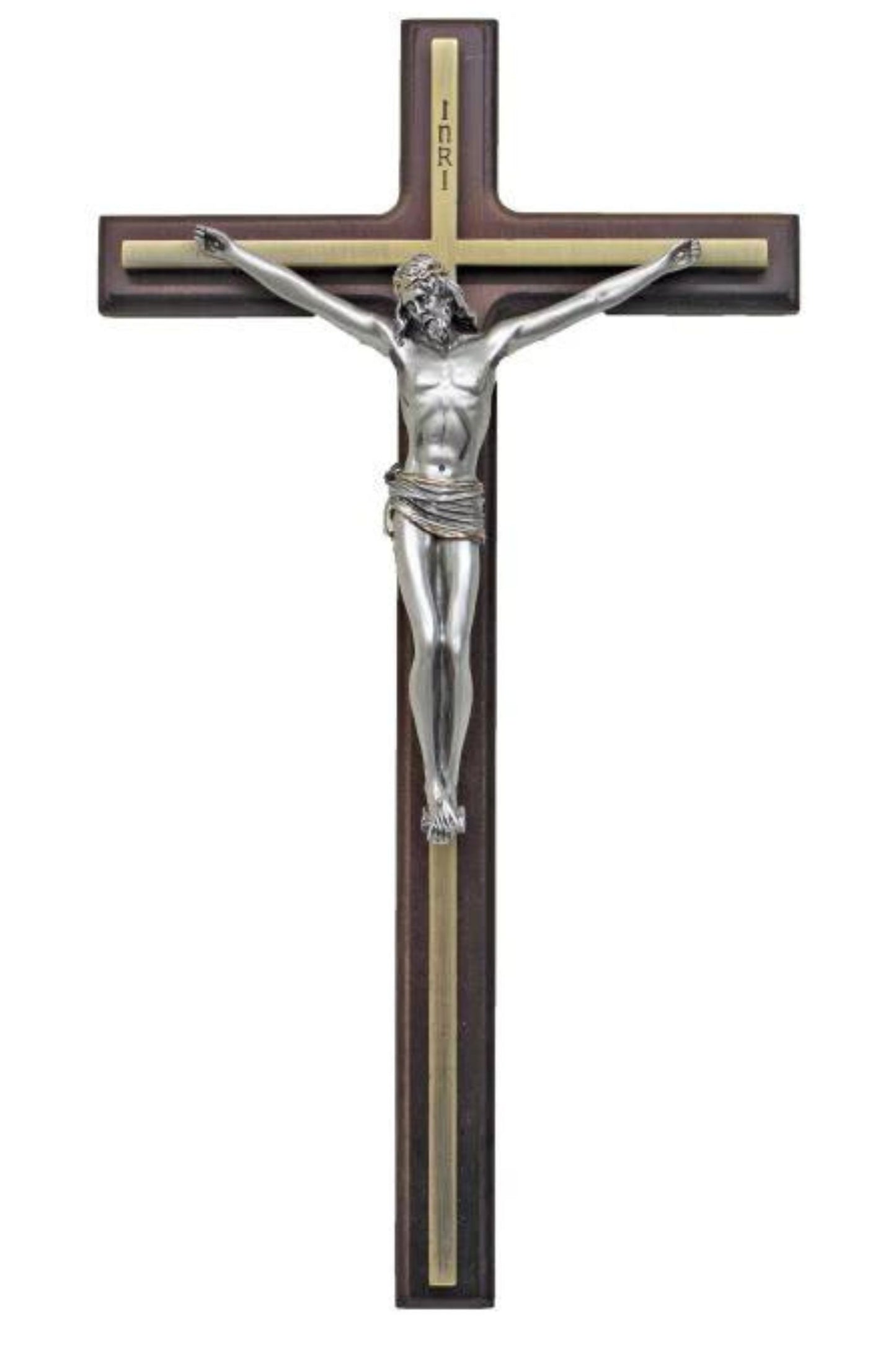 SR-76807-PG Wood Crucifix with Pewter Style Corpus/Gold Color Trim 10.5"