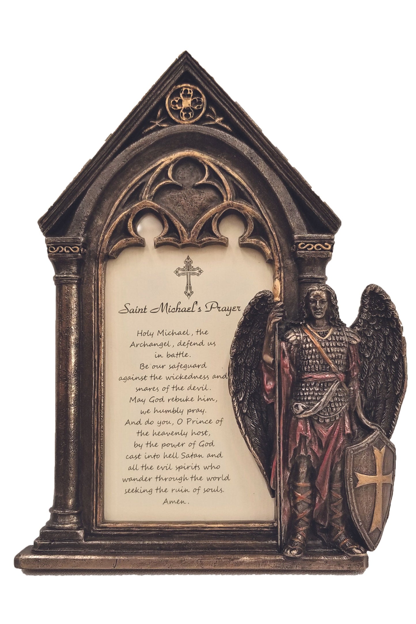 SR-77080 St. Michael Prayer Frame Stands/Hangs in Cold Cast Bronze 5x7"