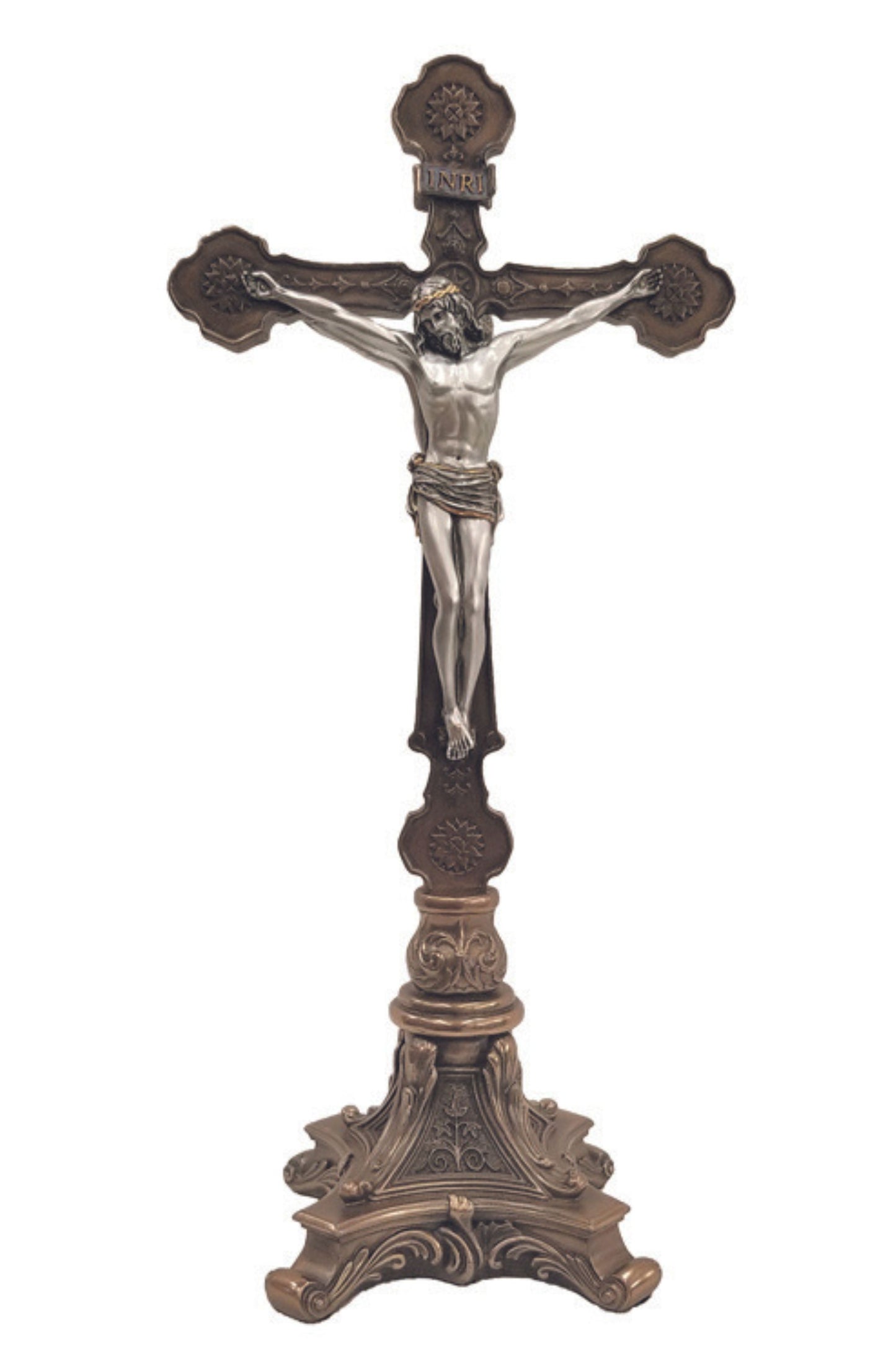 SR-77271-BS Standing Double Sided Crucifix in Two Tone Pewter Style Corpus 12.5"